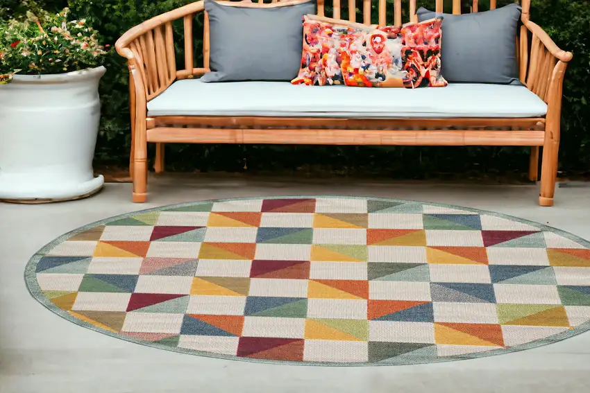 Orange And Ivory Round Geometric Stain Resistant Indoor Outdoor Area Rug Photo 1