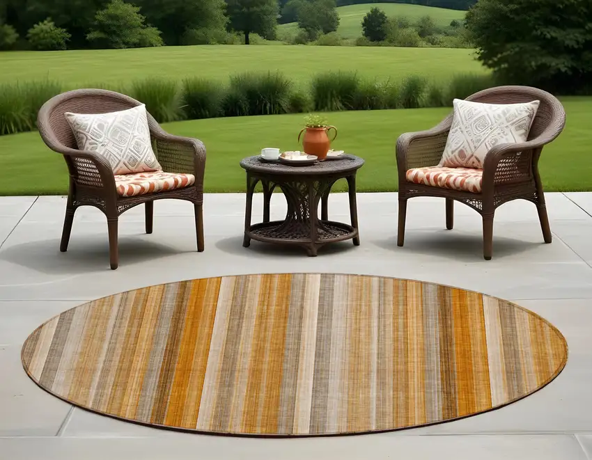Orange Ivory and Gray Round Striped Washable Non Skid Indoor Outdoor Area Rug Photo 1