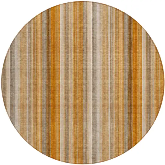 8' Round Orange Ivory and Gray Round Striped Washable Non Skid Indoor Outdoor Area Rug Photo 2
