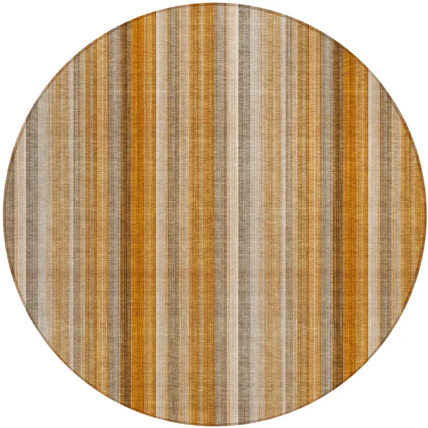 8' Round Orange Ivory and Gray Round Striped Washable Non Skid Indoor Outdoor Area Rug Photo 2
