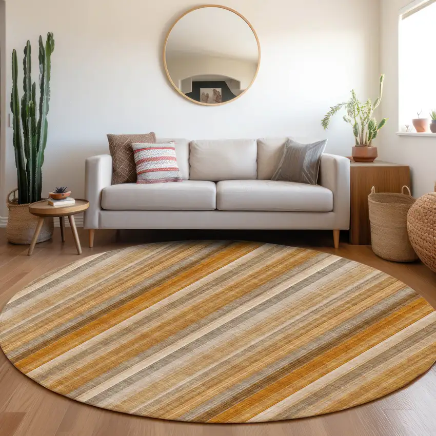 Orange Ivory and Gray Round Striped Washable Non Skid Indoor Outdoor Area Rug Photo 9