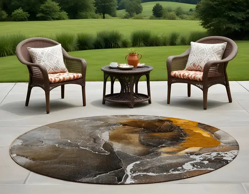 8' Round Orange Round Abstract Washable Non Skid Indoor Outdoor Area Rug Photo 1