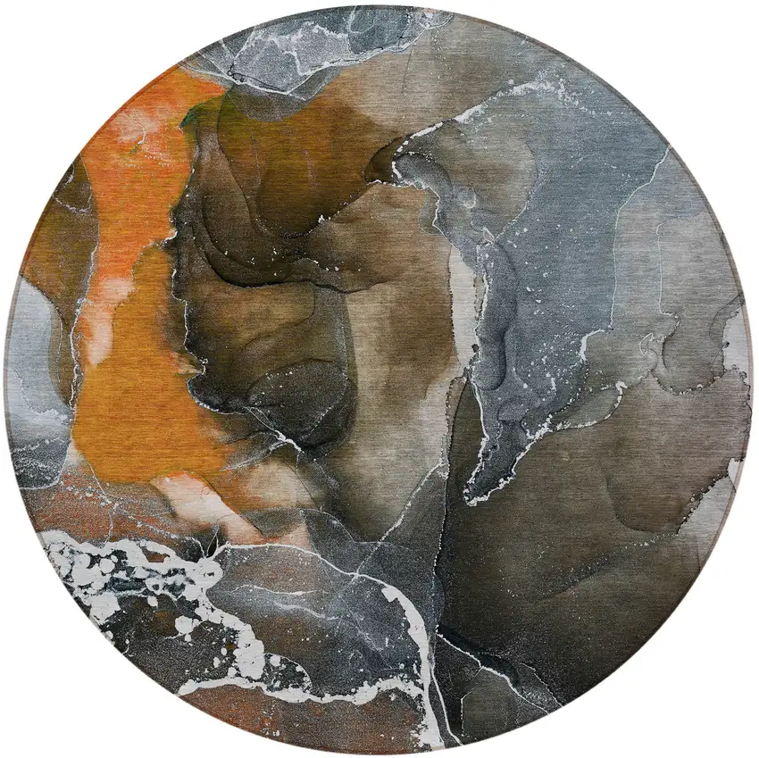 Orange Round Abstract Washable Non Skid Indoor Outdoor Area Rug Photo 5