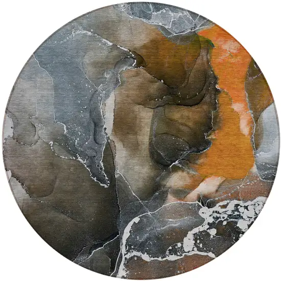 8' Round Orange Round Abstract Washable Non Skid Indoor Outdoor Area Rug Photo 2