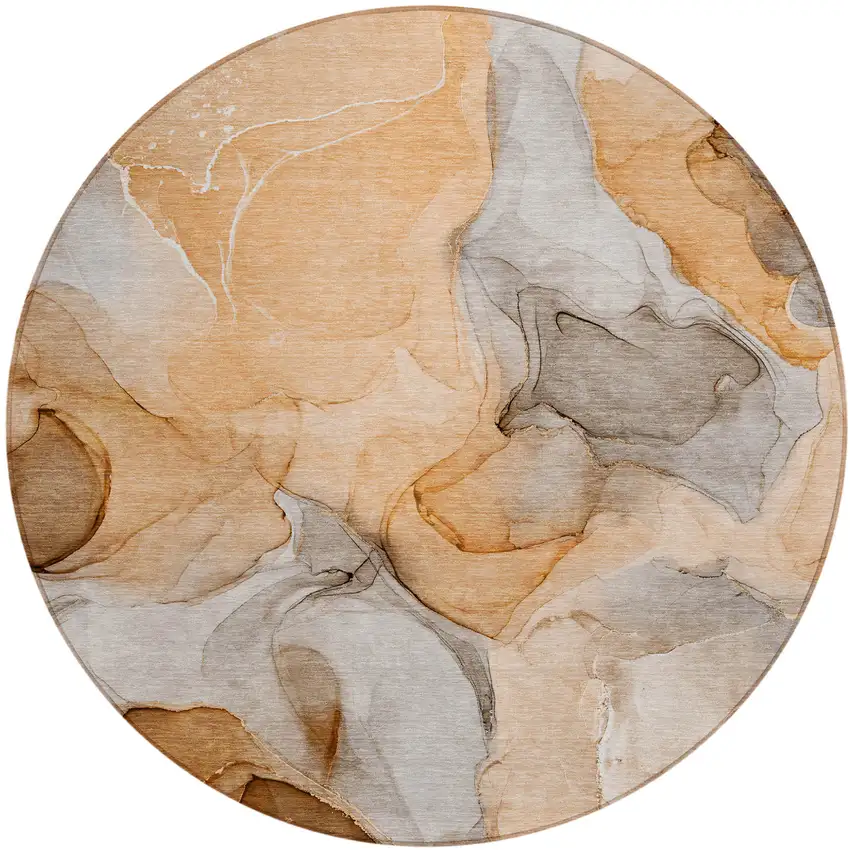 8' Round Orange Round Abstract Washable Non Skid Indoor Outdoor Area Rug Photo 2