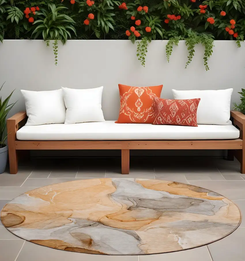 8' Round Orange Round Abstract Washable Non Skid Indoor Outdoor Area Rug Photo 1