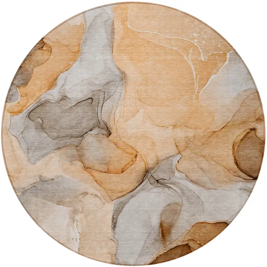 8' Round Orange Round Abstract Washable Non Skid Indoor Outdoor Area Rug Photo 4