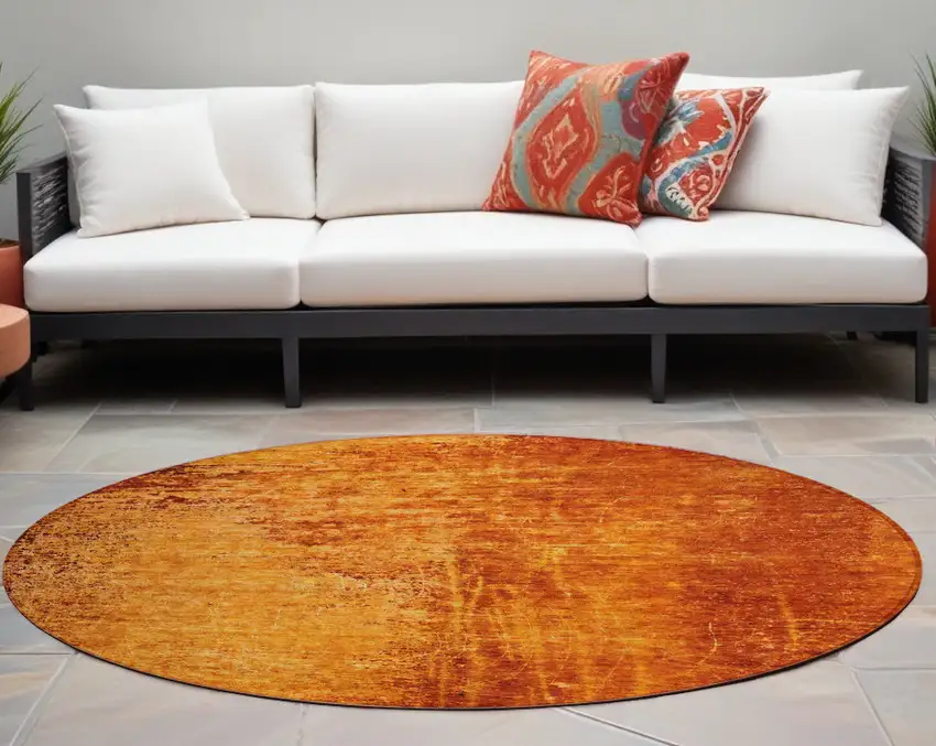 Orange Round Abstract Washable Non Skid Indoor Outdoor Area Rug Photo 1