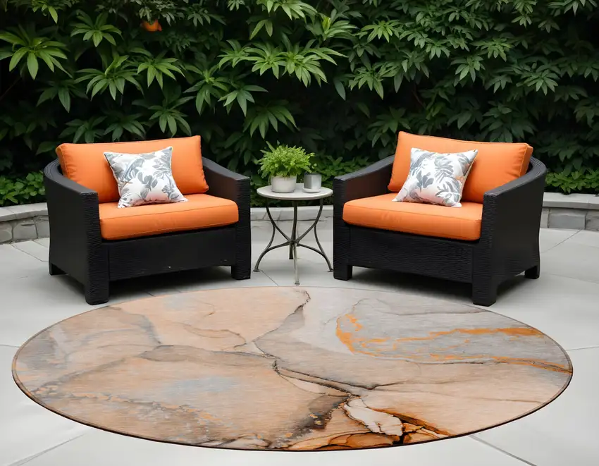 Orange Round Abstract Washable Non Skid Indoor Outdoor Area Rug Photo 1
