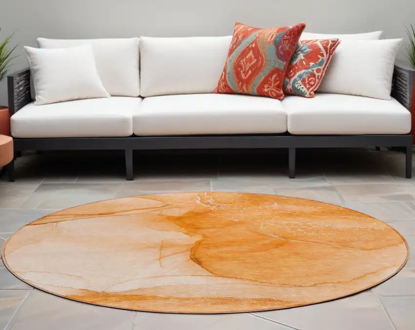 Orange Round Abstract Washable Non Skid Indoor Outdoor Area Rug Photo 1