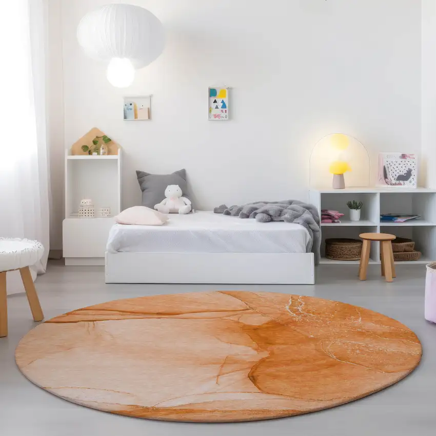 Orange Round Abstract Washable Non Skid Indoor Outdoor Area Rug Photo 9