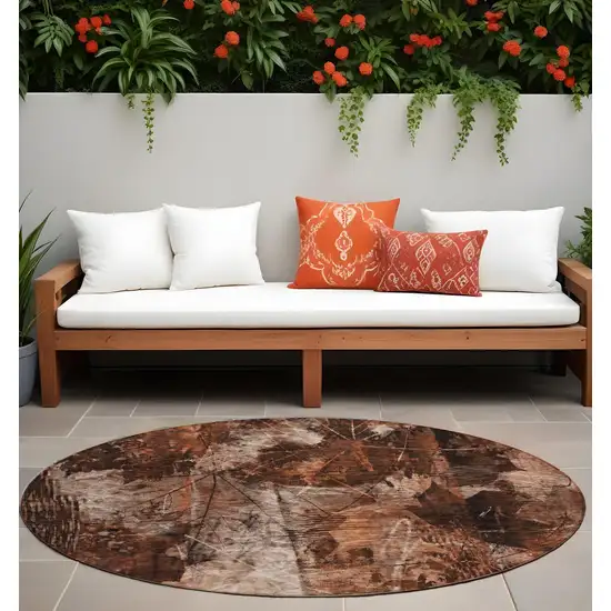 Orange Round Floral Washable Non Skid Indoor Outdoor Area Rug Photo 1