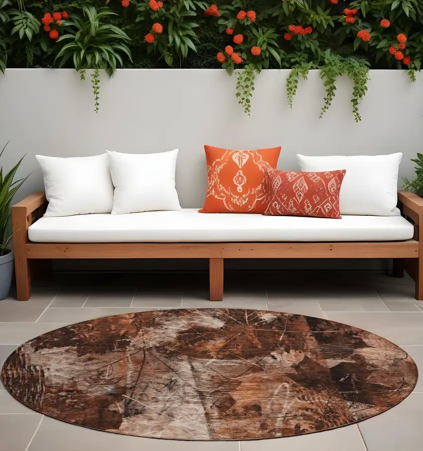 Orange Round Floral Washable Non Skid Indoor Outdoor Area Rug Photo 1
