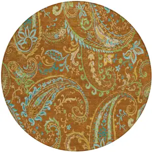 Photo of 8' Round Orange Round Paisley Washable Non Skid Indoor Outdoor Area Rug