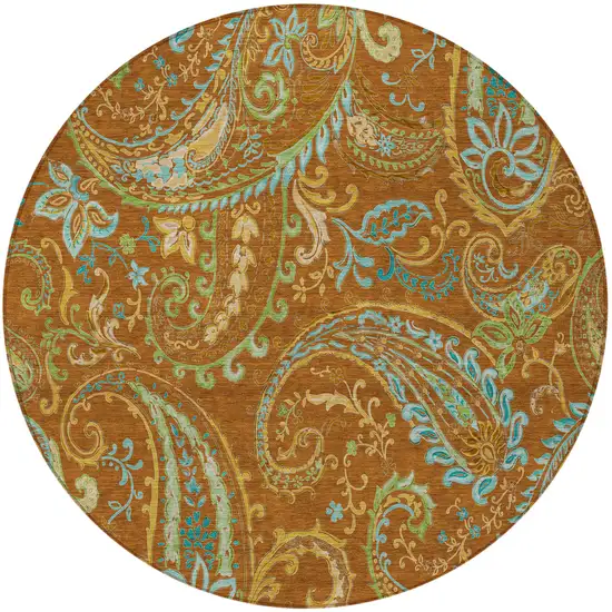 8' Round Orange Round Paisley Washable Non Skid Indoor Outdoor Area Rug Photo 4