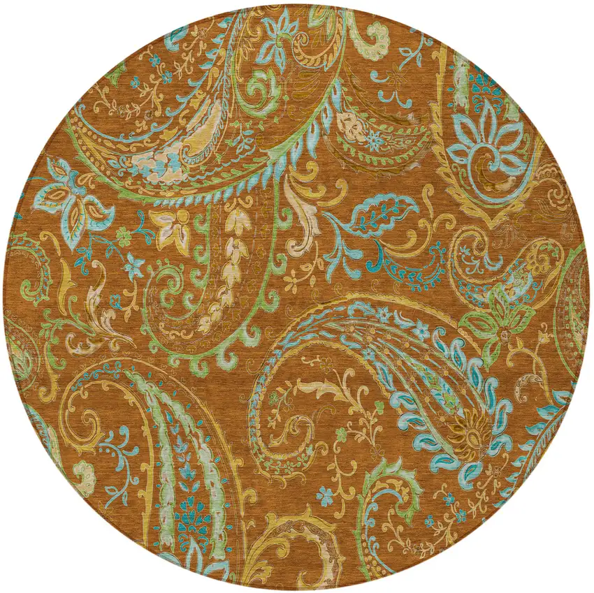 8' Round Orange Round Paisley Washable Non Skid Indoor Outdoor Area Rug Photo 4