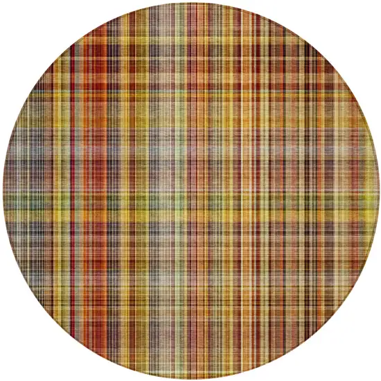 8' Round Orange Round Plaid Washable Non Skid Indoor Outdoor Area Rug Photo 2