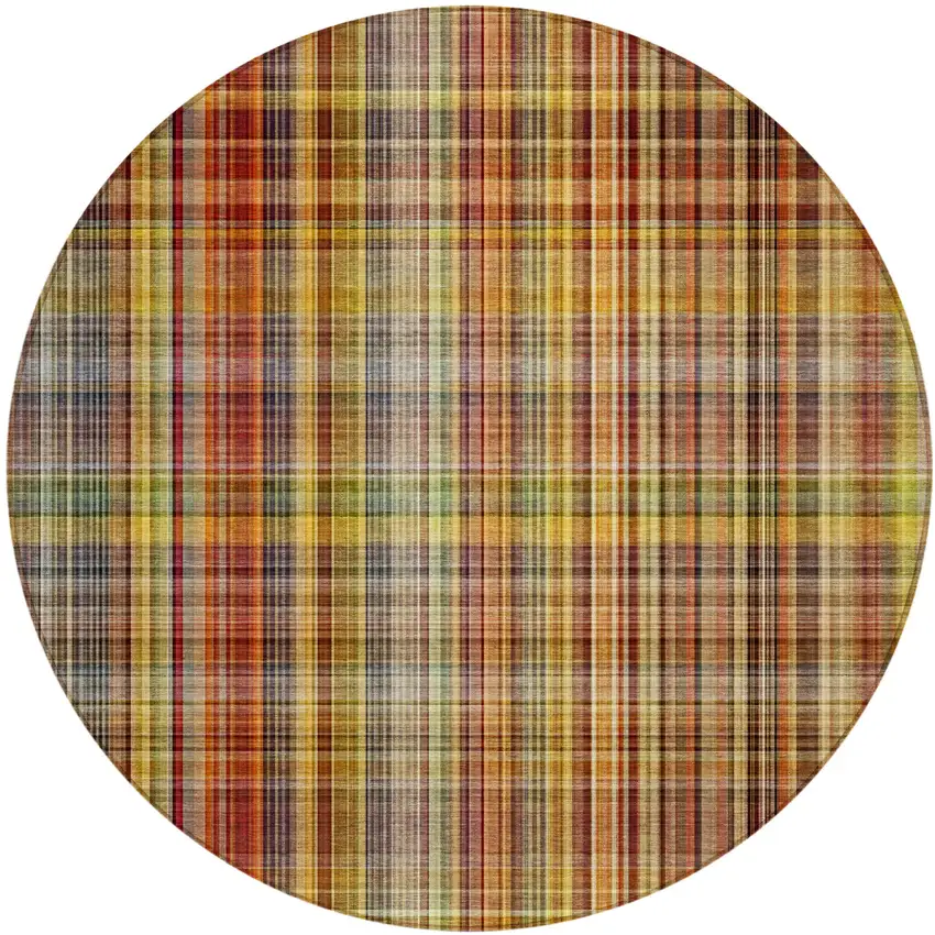 8' Round Orange Round Plaid Washable Non Skid Indoor Outdoor Area Rug Photo 2