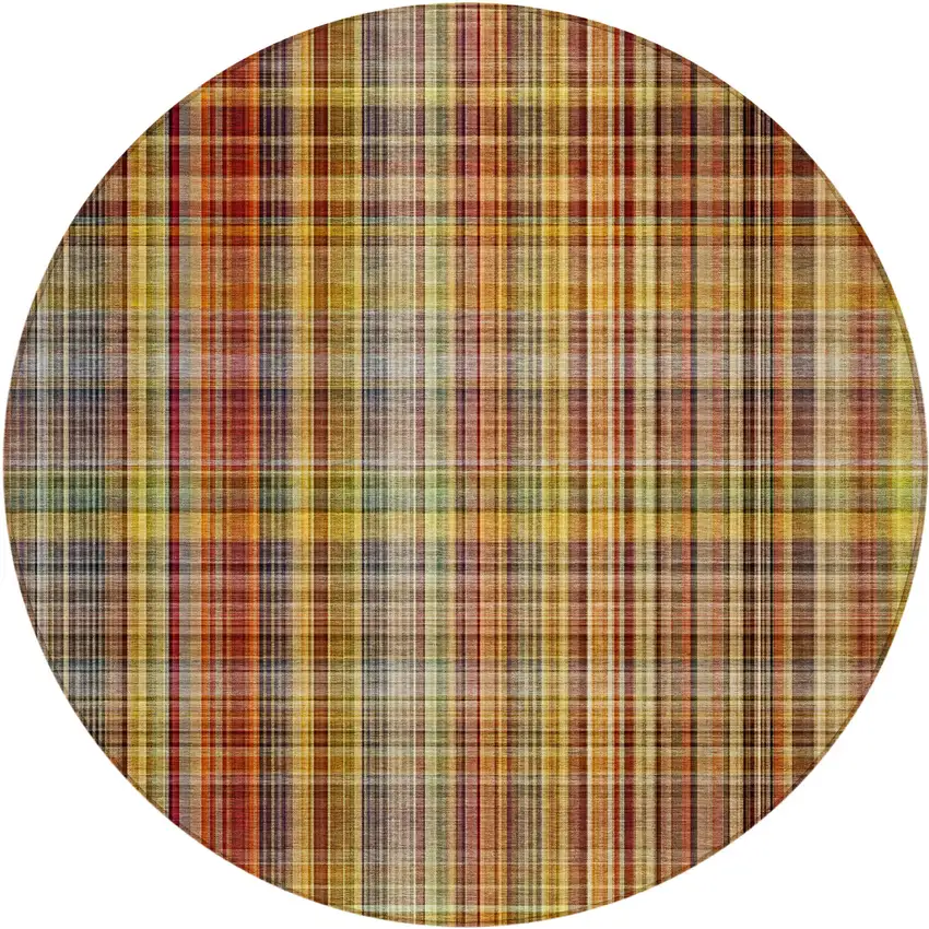 8' Round Orange Round Plaid Washable Non Skid Indoor Outdoor Area Rug Photo 2
