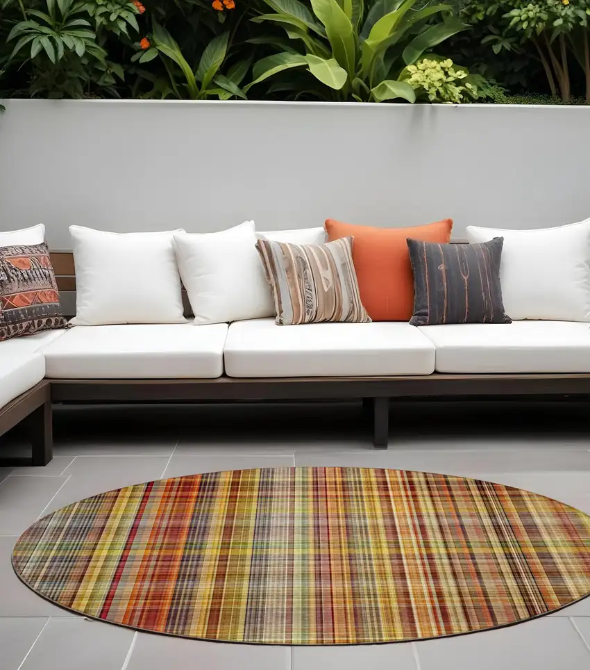 Orange Round Plaid Washable Non Skid Indoor Outdoor Area Rug Photo 1