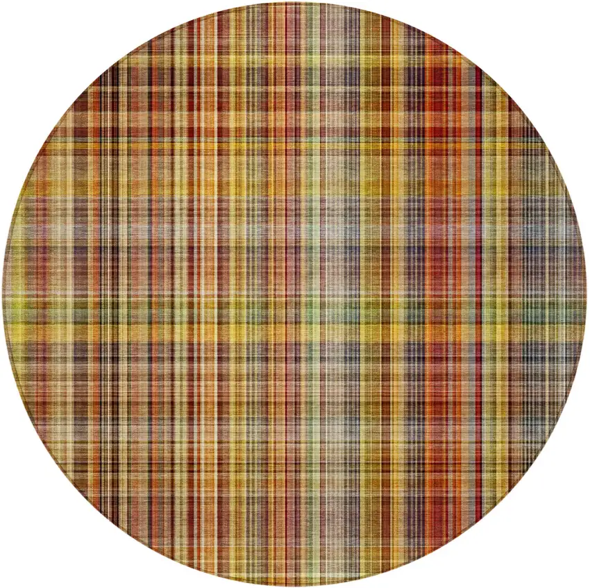 8' Round Orange Round Plaid Washable Non Skid Indoor Outdoor Area Rug Photo 4