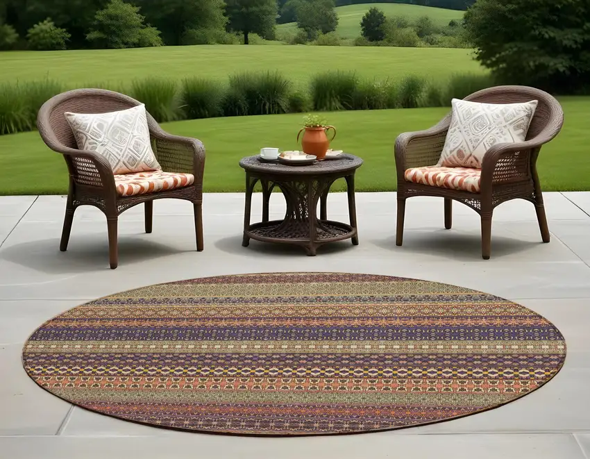 Orange Round Striped Washable Non Skid Indoor Outdoor Area Rug Photo 1