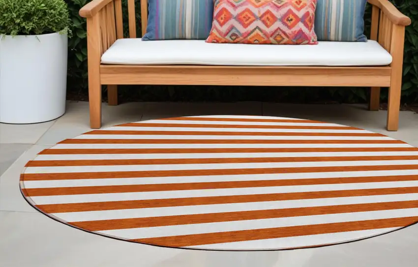 Orange Round Striped Washable Non Skid Indoor Outdoor Area Rug Photo 1