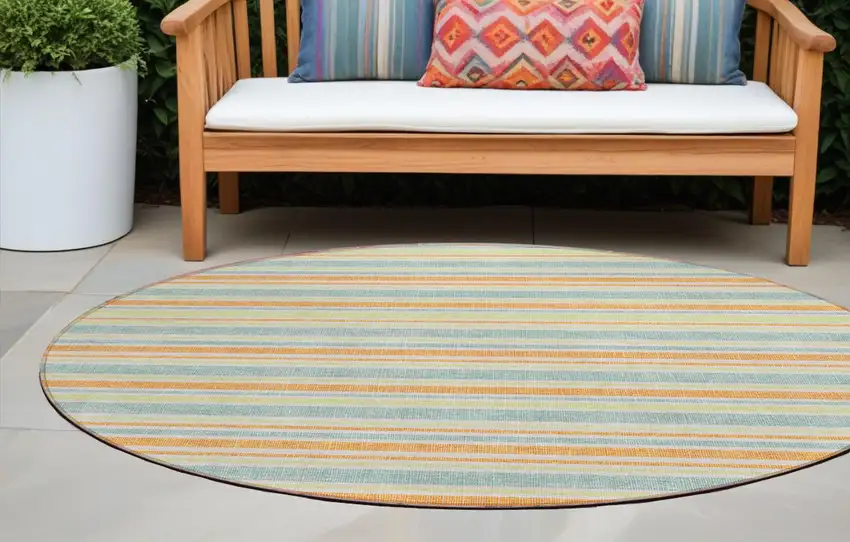 Orange Round Striped Washable Non Skid Indoor Outdoor Area Rug Photo 1