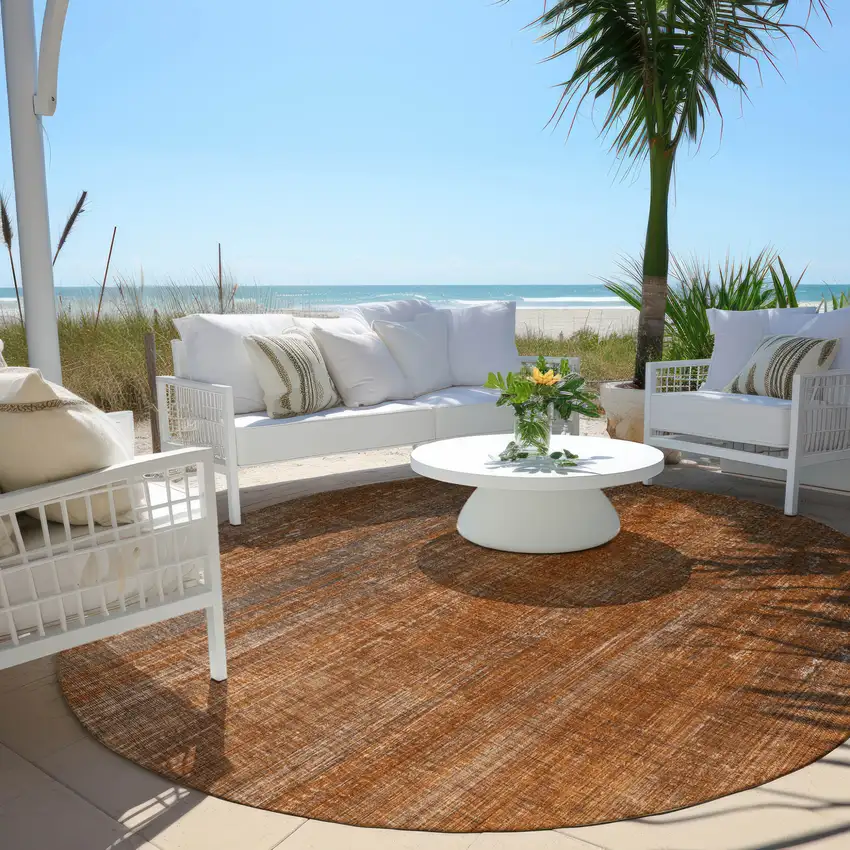 Orange Round Striped Washable Non Skid Indoor Outdoor Area Rug Photo 8