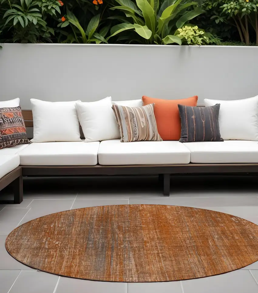 8' Round Orange Round Striped Washable Non Skid Indoor Outdoor Area Rug Photo 1