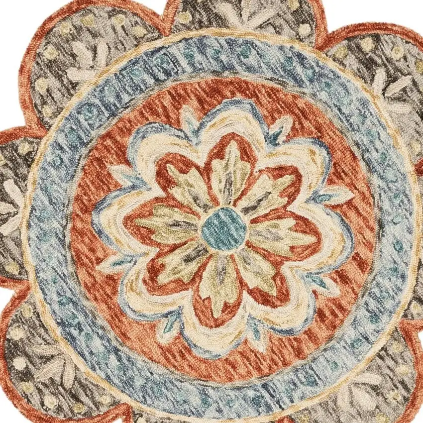 4' Orange And Red Wool Floral Hand Tufted Round Rug Photo 3