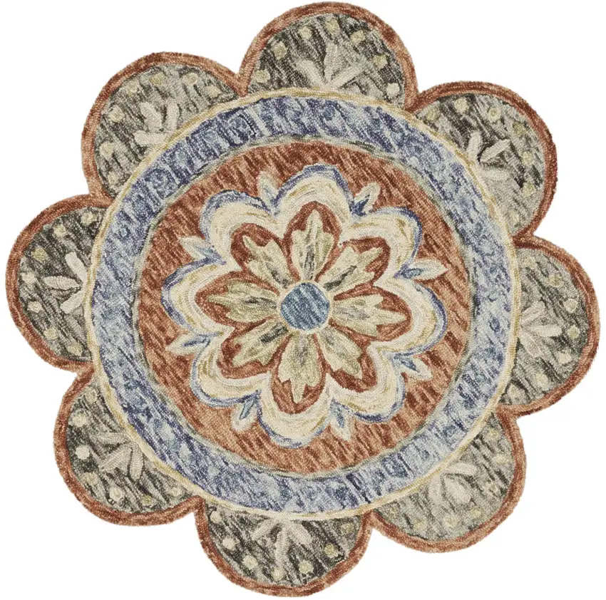 4' Orange And Red Wool Floral Hand Tufted Round Rug Photo 8