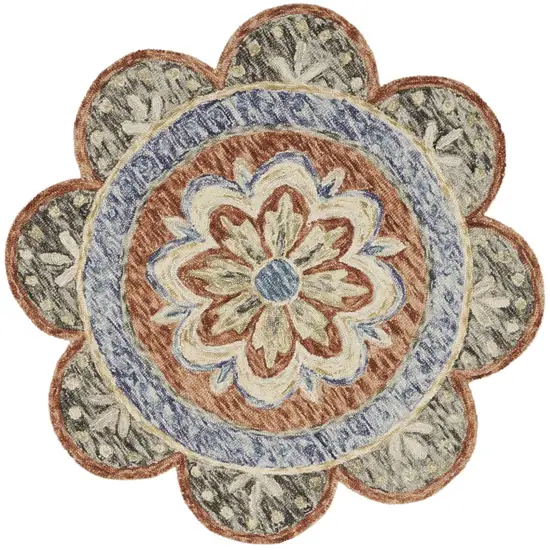 4' Orange And Red Wool Floral Hand Tufted Round Rug Photo 8