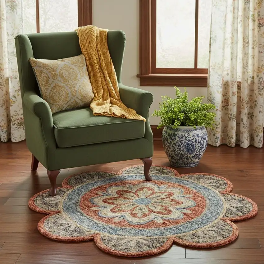 4' Orange And Red Wool Floral Hand Tufted Round Rug Photo 1