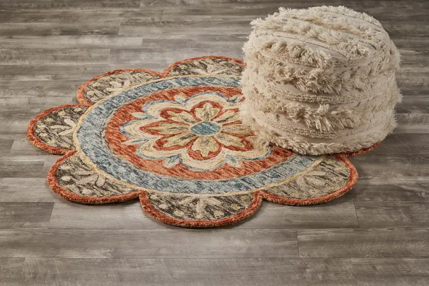 4' Round Orange Scalloped Edge Area Rug Photo 8