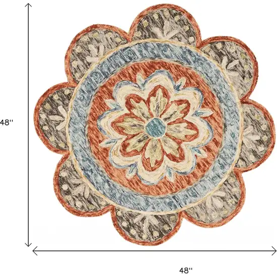 4' Orange And Red Wool Floral Hand Tufted Round Rug Photo 3