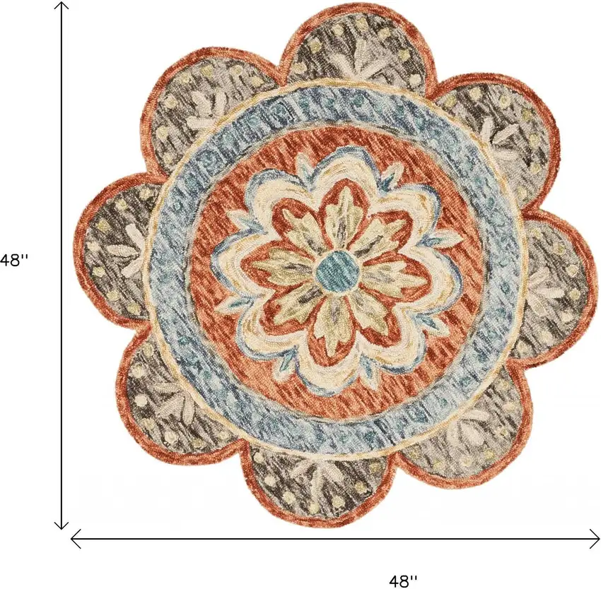 4' Orange And Red Wool Floral Hand Tufted Round Rug Photo 3