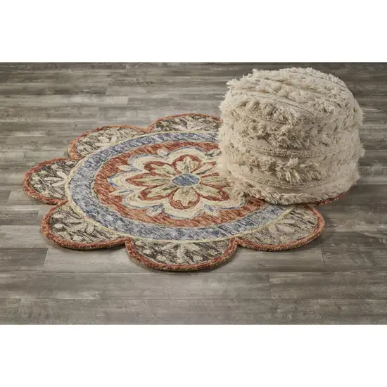 4' Orange And Red Wool Floral Hand Tufted Round Rug Photo 2