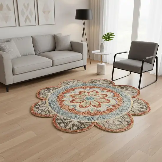 6' Orange And Red Wool Floral Hand Tufted Round Rug Photo 1