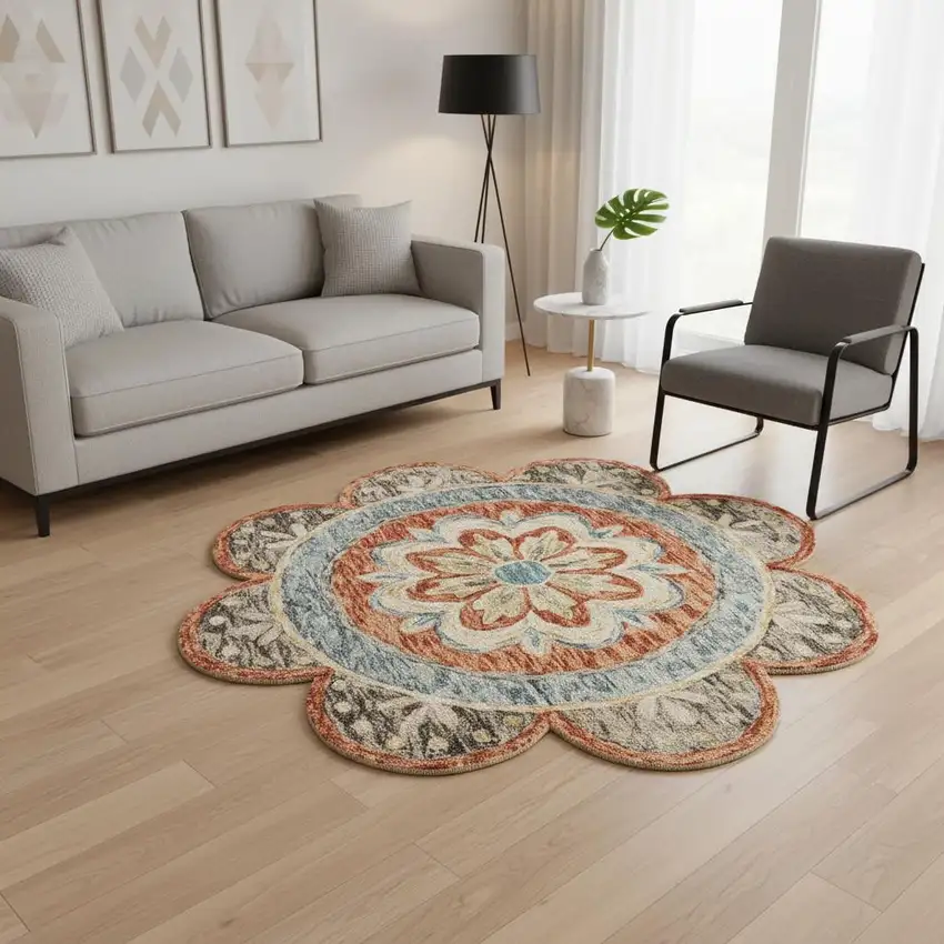 6' Orange And Red Wool Floral Hand Tufted Round Rug Photo 1