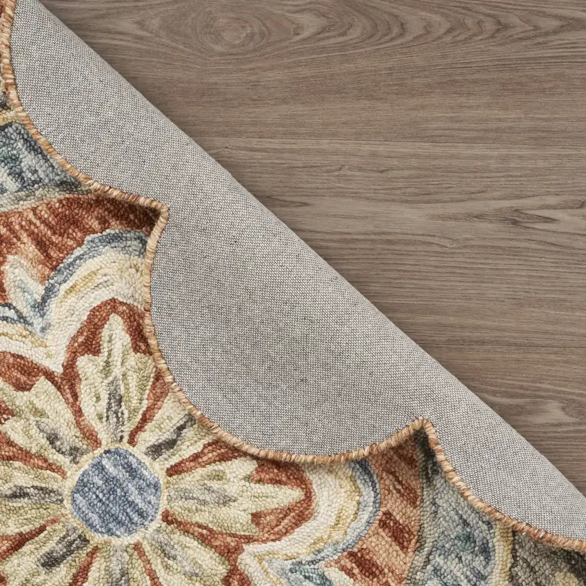 6' Orange And Red Wool Floral Hand Tufted Round Rug Photo 9