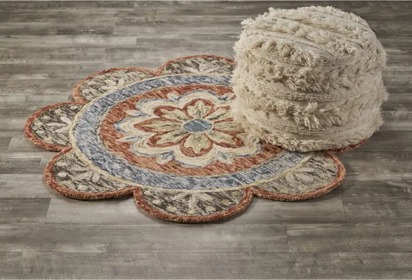 6' Orange And Red Wool Floral Hand Tufted Round Rug Photo 2