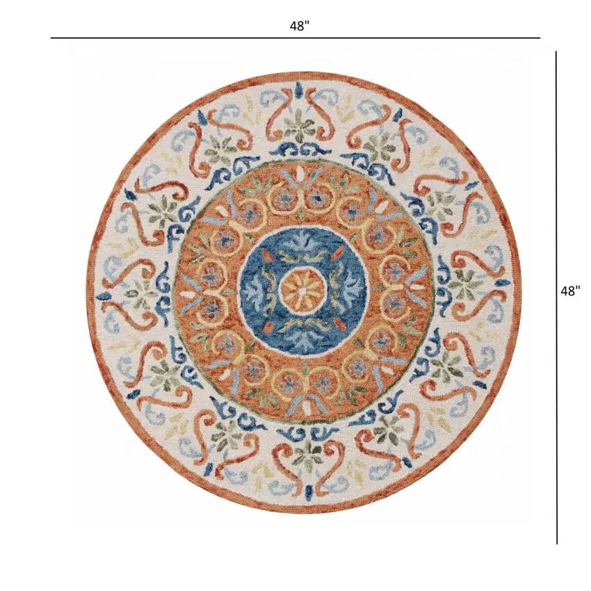 4' Round Orange Traditional Medallion Area Rug Photo 5