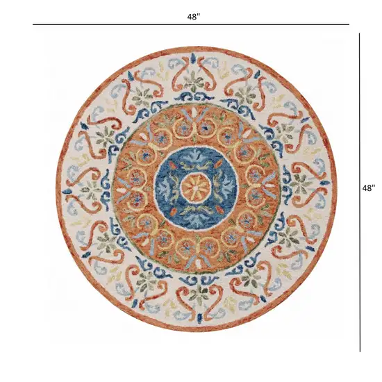 4' Round Orange Traditional Medallion Area Rug Photo 5