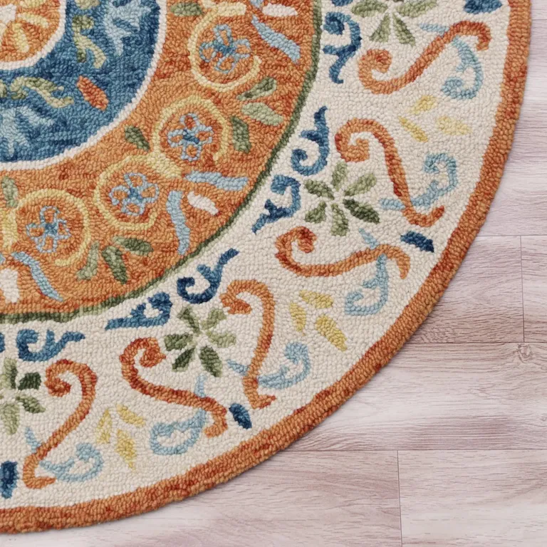 6' Round Orange Traditional Medallion Area Rug Photo 3
