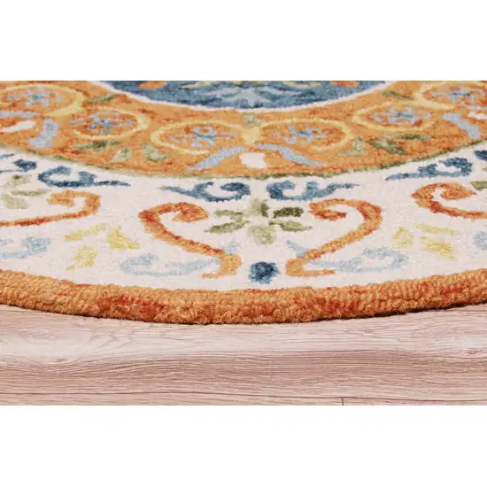 6' Round Orange Traditional Medallion Area Rug Photo 4