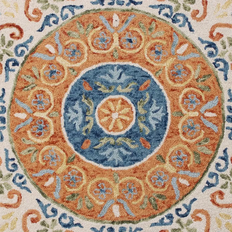6' Round Orange Traditional Medallion Area Rug Photo 2