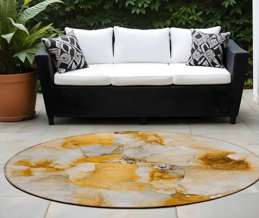 Orange and Ivory Round Abstract Washable Indoor Outdoor Area Rug Photo 1