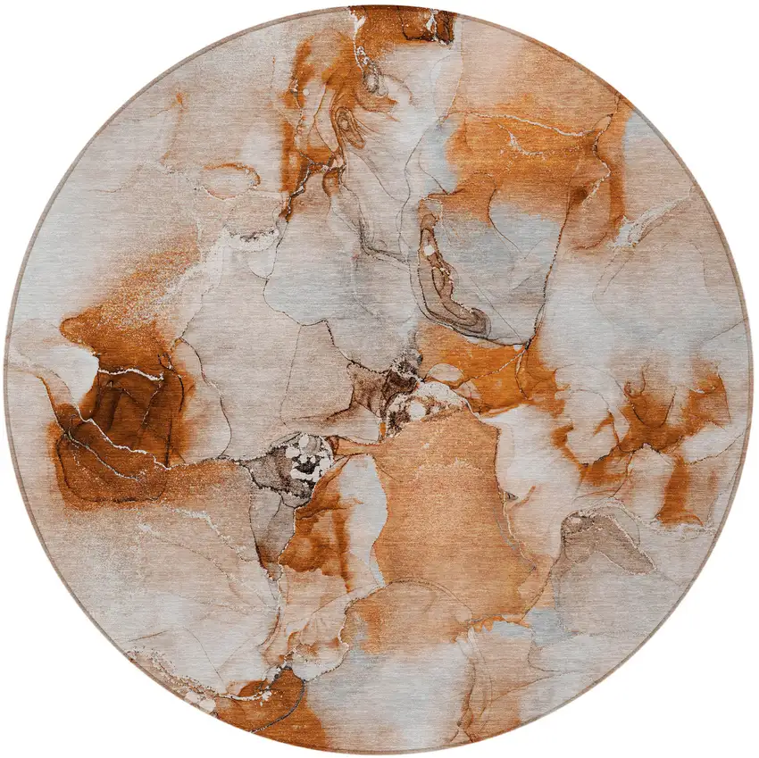 Orange and Ivory Round Abstract Washable Non Skid Indoor Outdoor Area Rug Photo 5