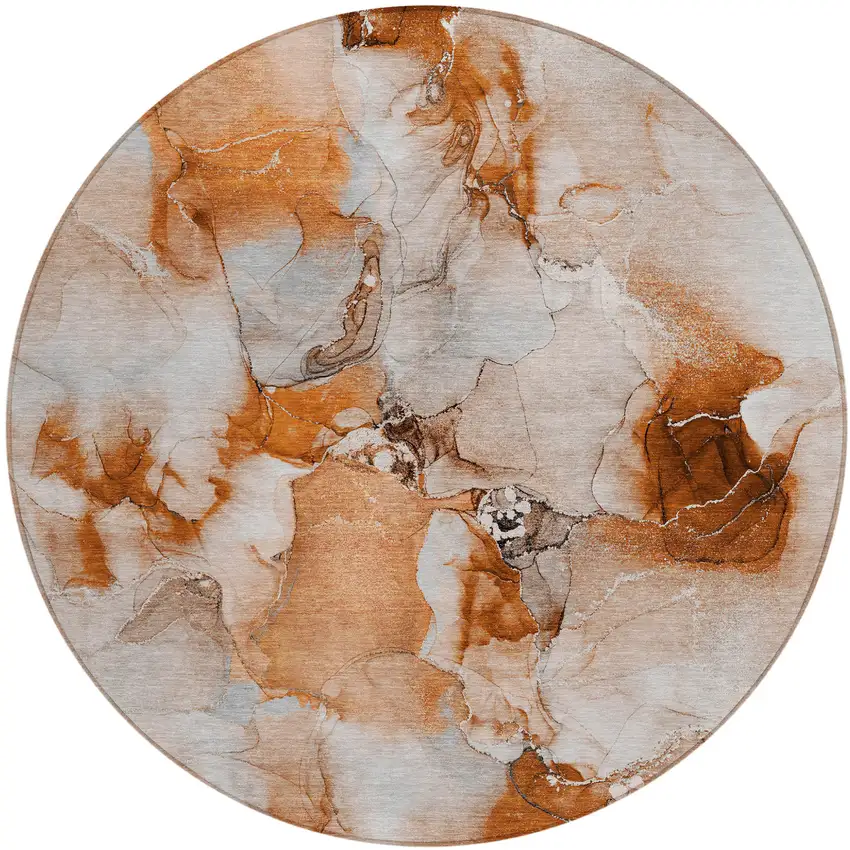 Orange and Ivory Round Abstract Washable Non Skid Indoor Outdoor Area Rug Photo 2